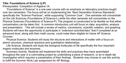 Foundations of Science Course Description 